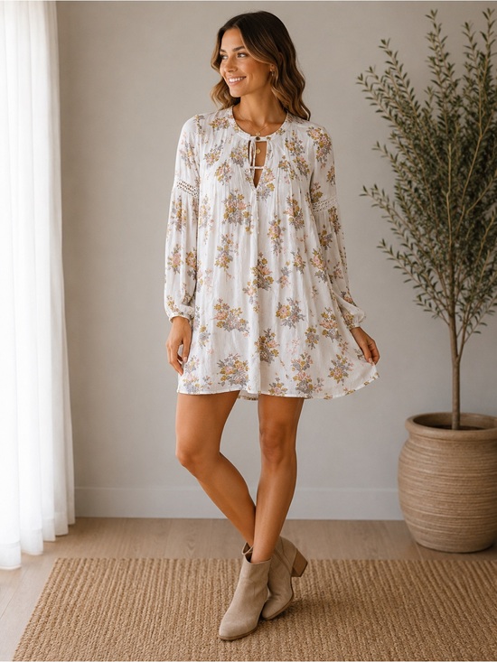 Free People Dresses & Skirts - Free People Floral Boho Swing Dress Size Small White Long Sleeve Keyhole Dress